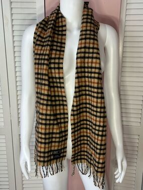 Plaid Fringe Wool Blend Scarf in Tan, Black & Brown
